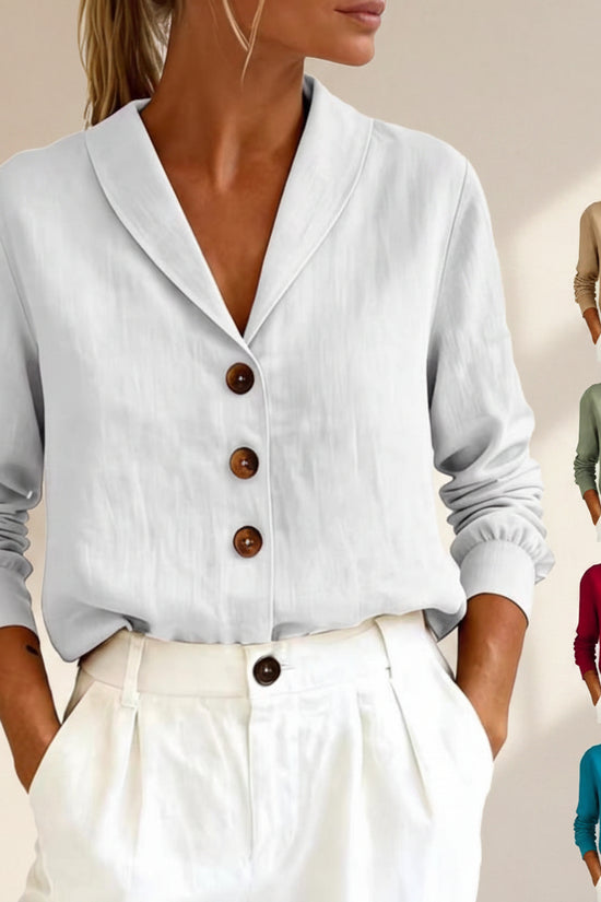 Fashionable Cotton-Linen Long-Sleeve Peter Pan Collar Button-Up Shirt 