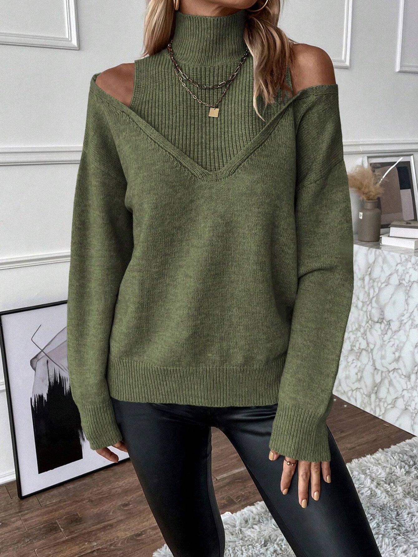 Women’s Elegant Off-Shoulder Turtleneck Sweater — Long Sleeve Knit Top 