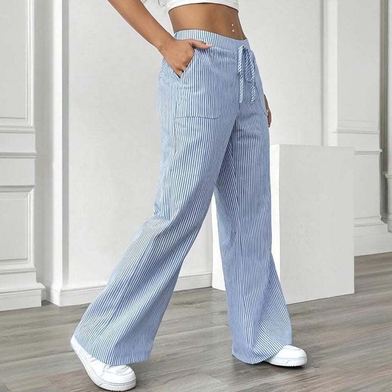 Women's Striped Print Straight Wide Leg Pockets Pants Casual Long Pants CJ US