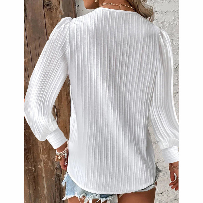Women's Lace Trim V-Neck Blouse Puff Long Sleeve Dressy Casual Work Shirt 