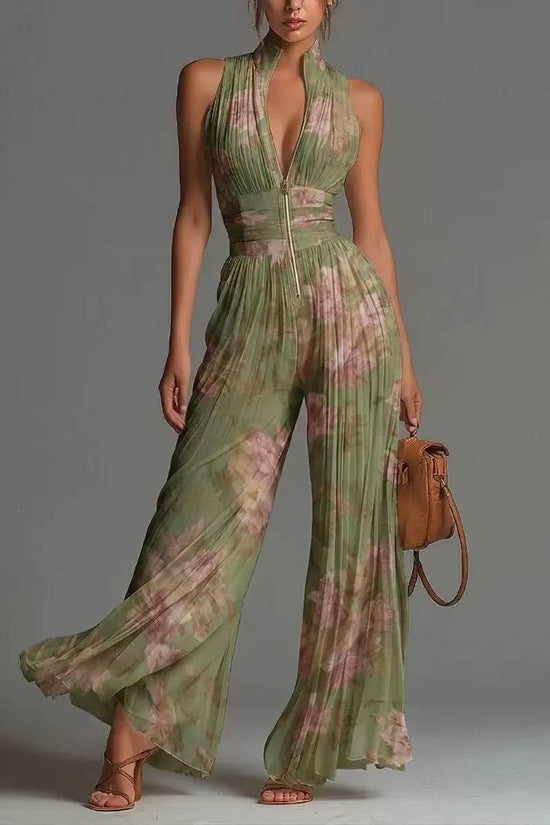 White Pleated Strap Neck Jumpsuit for Women, Long Wide Leg Fashion Sexy Folded Design 