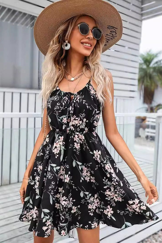 Elegant Sleeveless Printed Dress with Elastic Waist and Straps for Women 