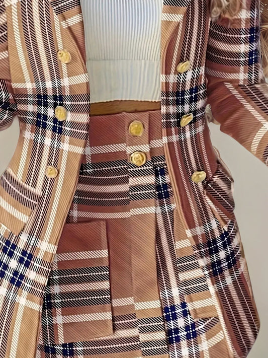 Women's Elegant Set, Double Breasted Long Sleeved Plaid Lapel Jacket&plaid Skirt With Pockets, Double Breasted Closure, Perfect For Work And Formal Occasions - Ideal Gift For Women CJ US
