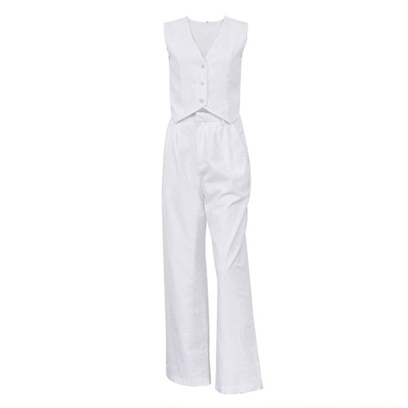 Women’s V‑Neck Button‑Front Vest & High‑Waist Pants Set CJ US