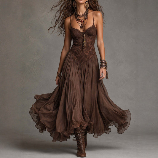 Chiffon Printed Strap Fitted Long Dress, Vintage Flowy Maxi Dress 