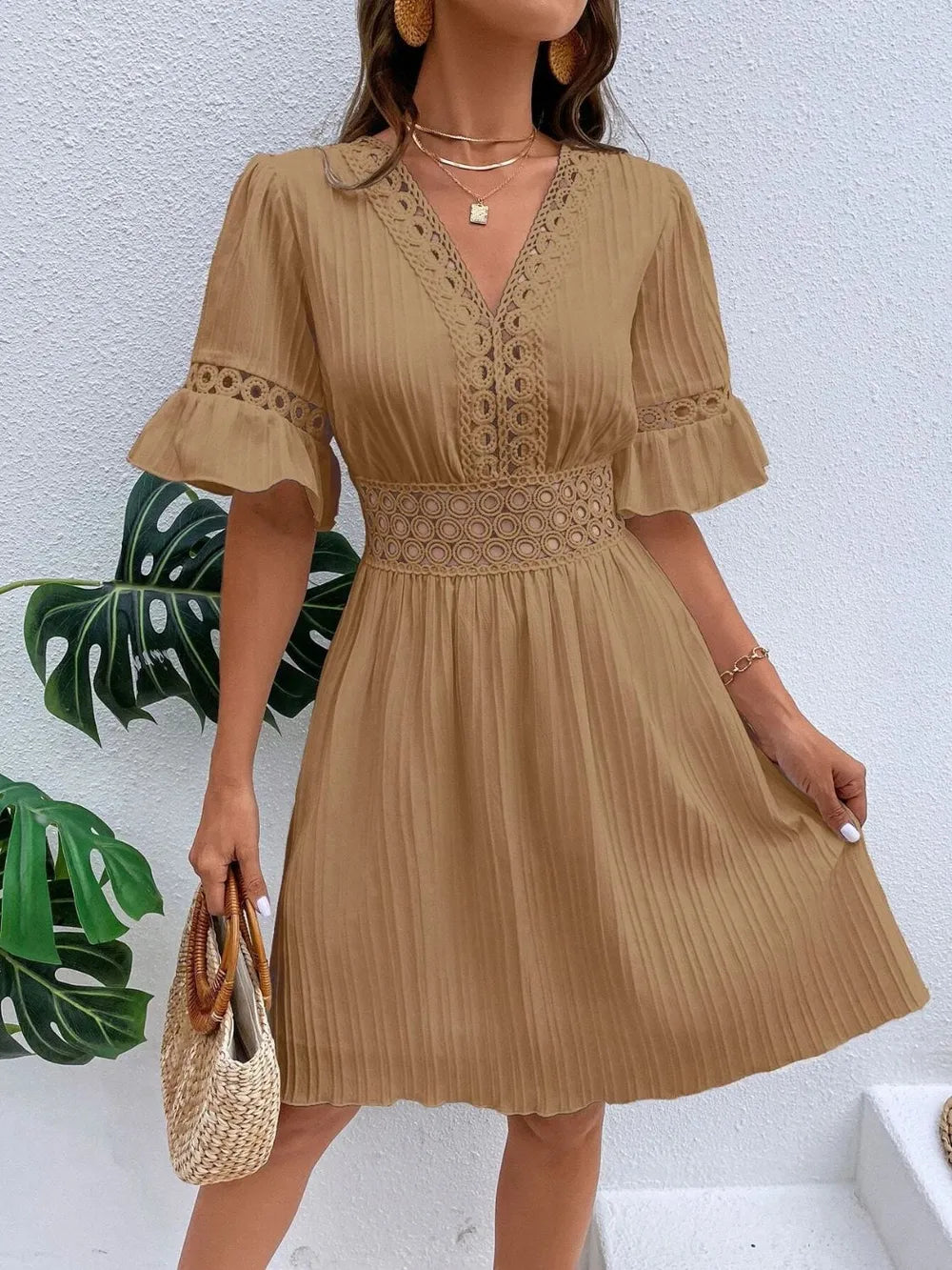 Cutout V-Neck Flounce Sleeve Mini Dress 