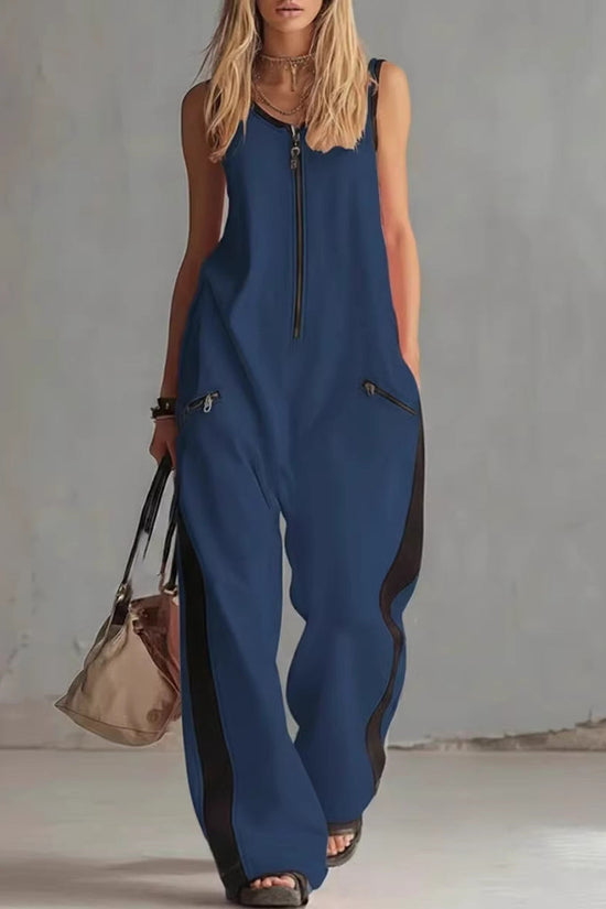 Zip-up Crewneck Sleeveless Casual Cotton Wide-leg Jumpsuit 