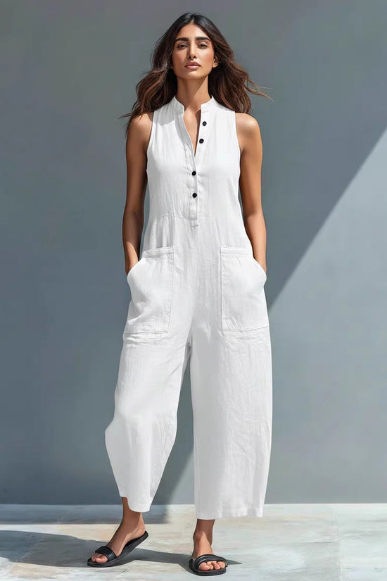 Casual Womens Buttoned Stand Collar Sleeveless Loose Jumpsuit 