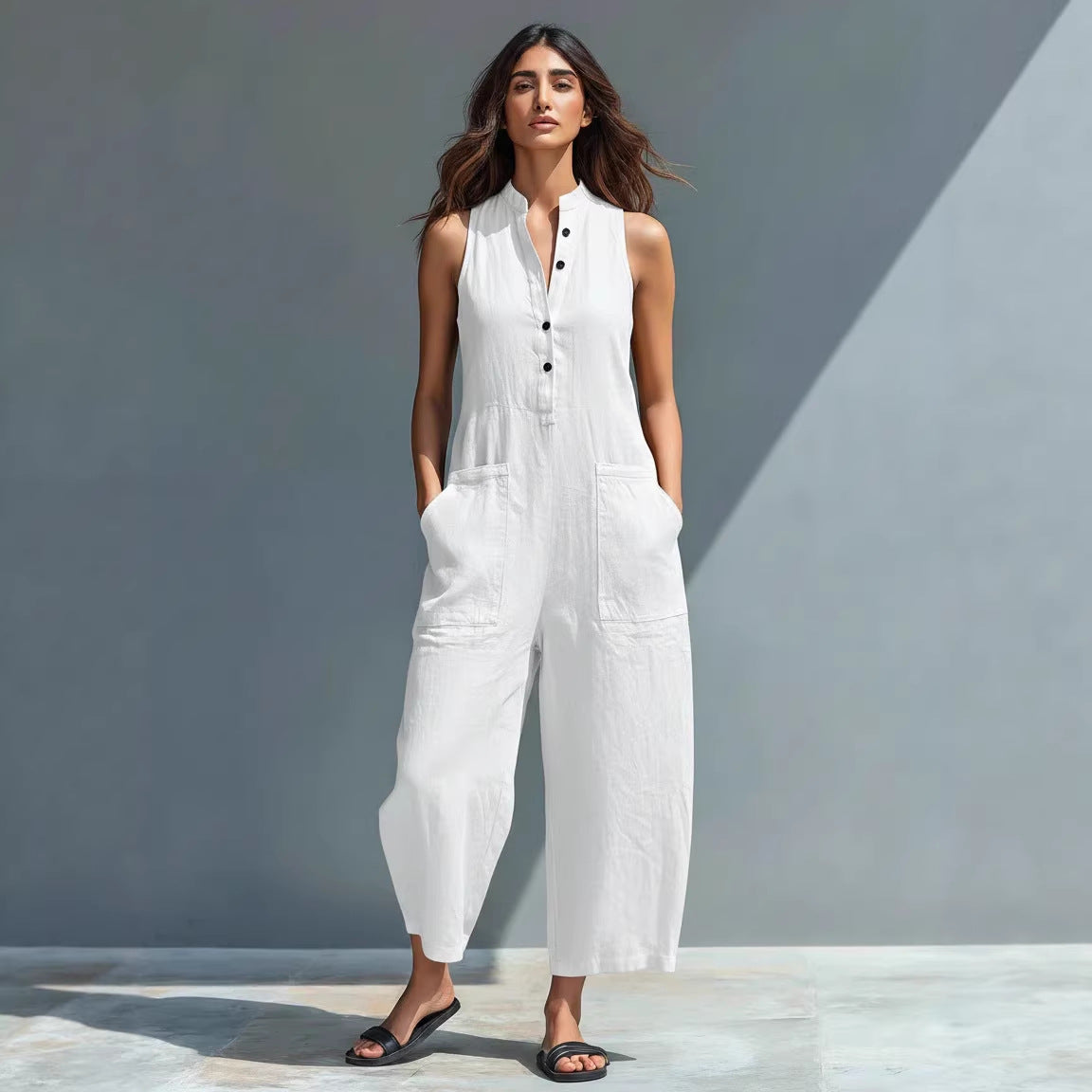Casual Womens Buttoned Stand Collar Sleeveless Loose Jumpsuit 