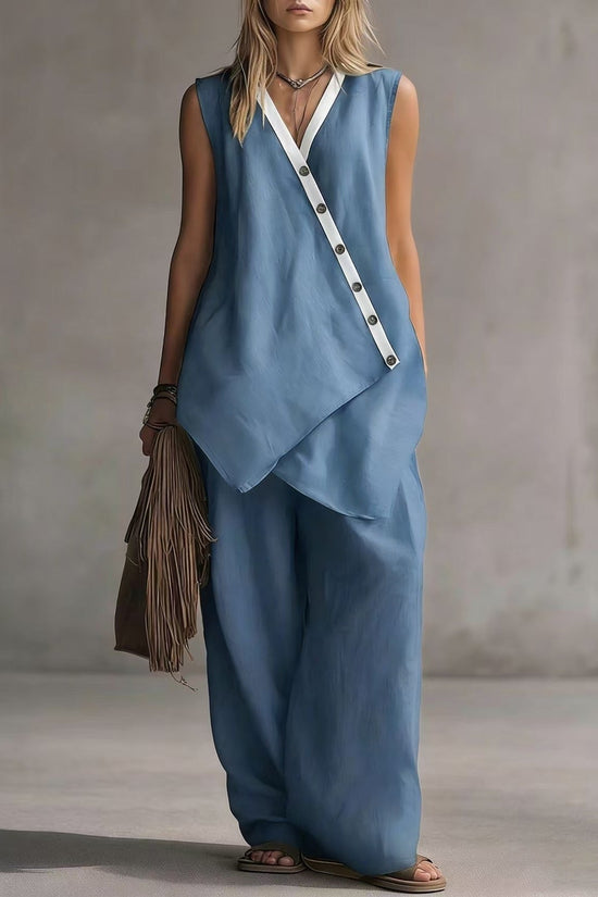 Bohemian Solid-Colored V-Neck Irregular-Button Vest And Wide-Leg Pants Set 
