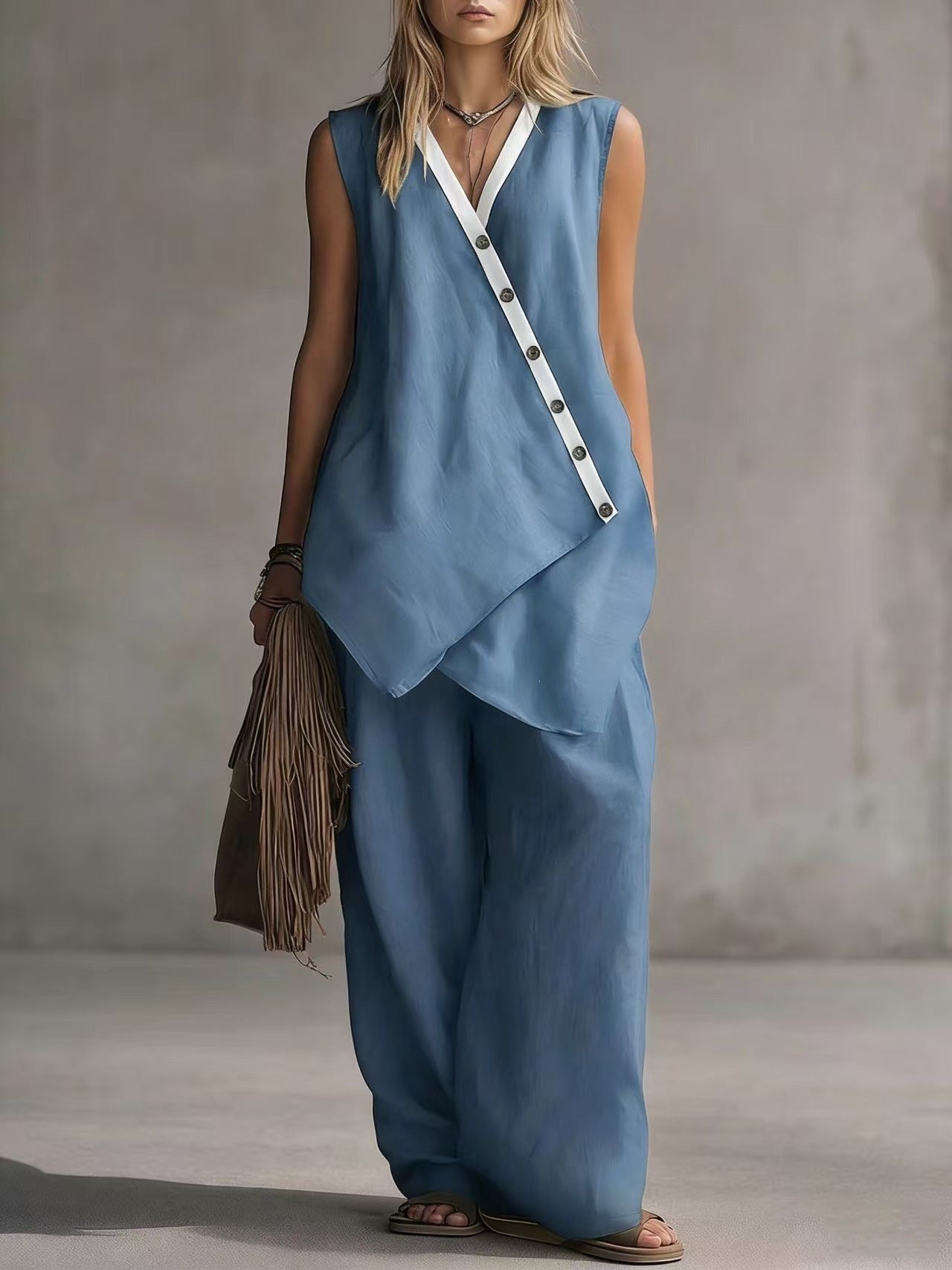 Bohemian Solid-Colored V-Neck Irregular-Button Vest And Wide-Leg Pants Set 