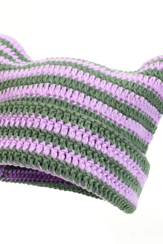 Women’s Hand Knitted Striped Cat Hat – Cute Warm Winter Beanie - FitiqueFit