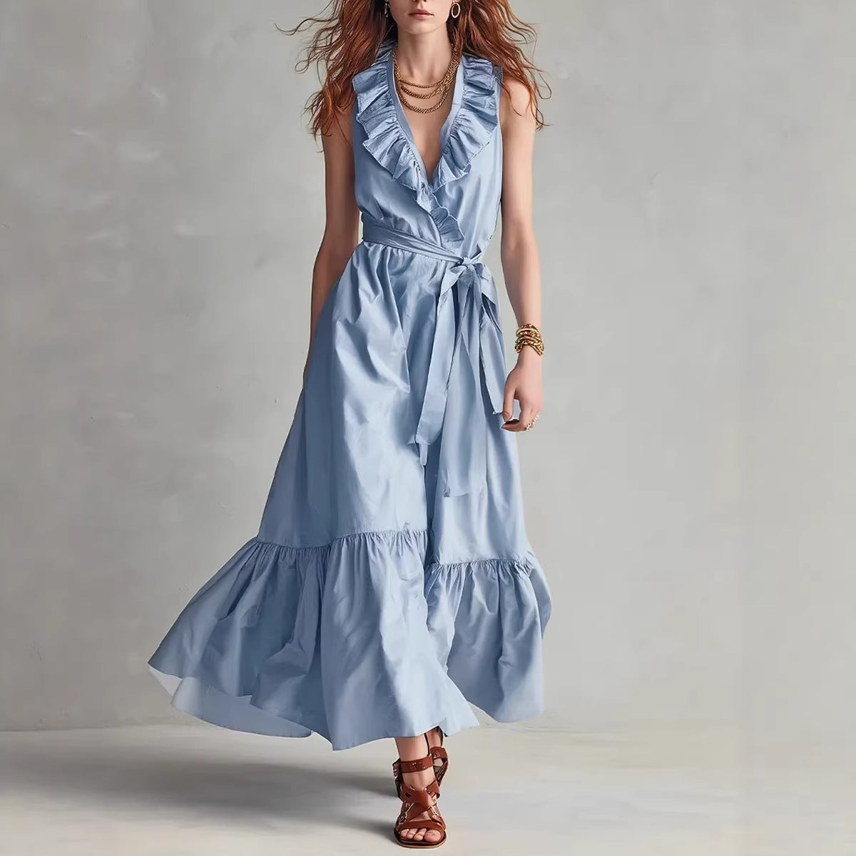 V-neck Sleeveless Lace-Up Panelled Dress 