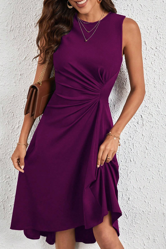 Solid Color Split Hem Fitted Long Sleeve Round Neck Dress 