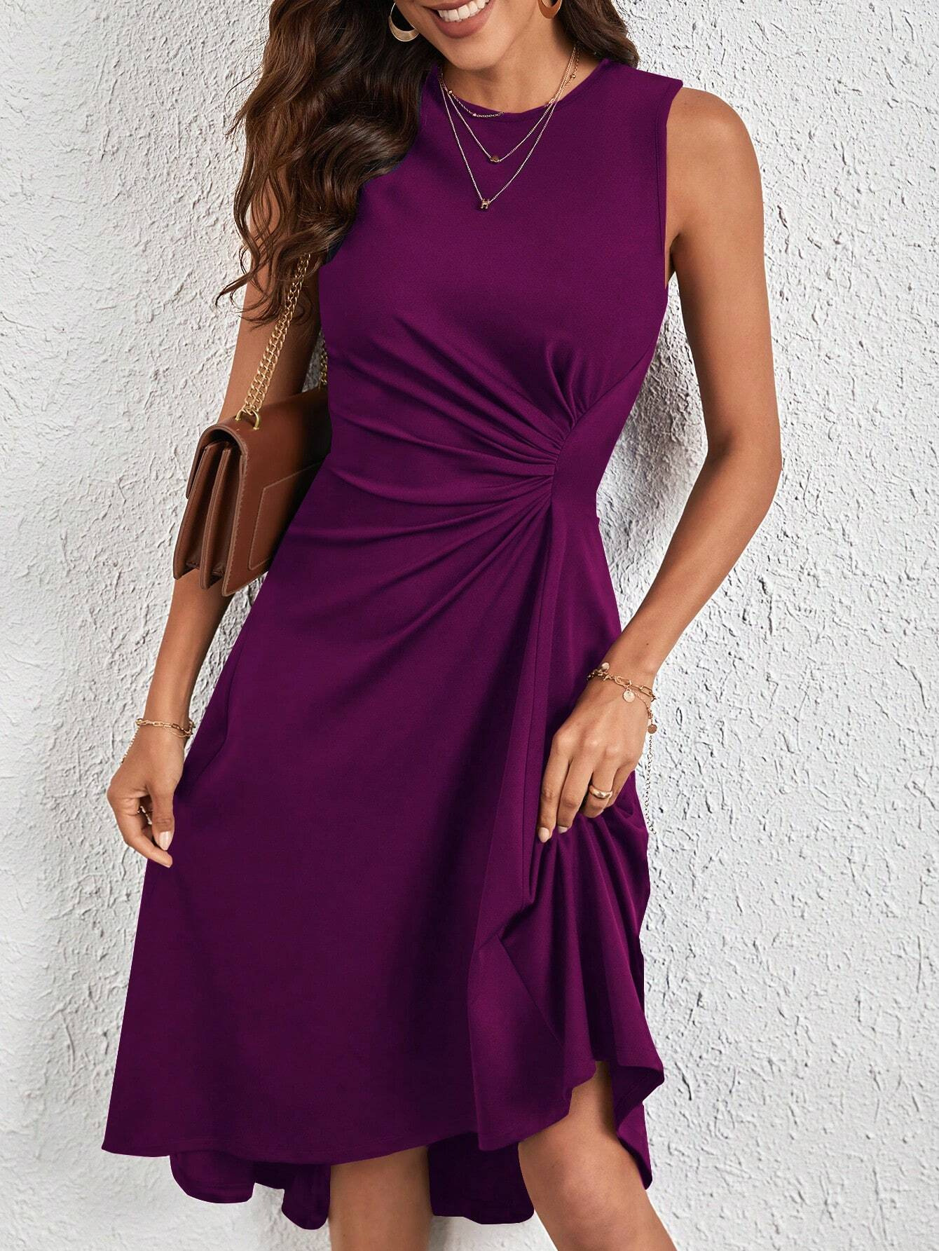 Solid Color Split Hem Fitted Long Sleeve Round Neck Dress 