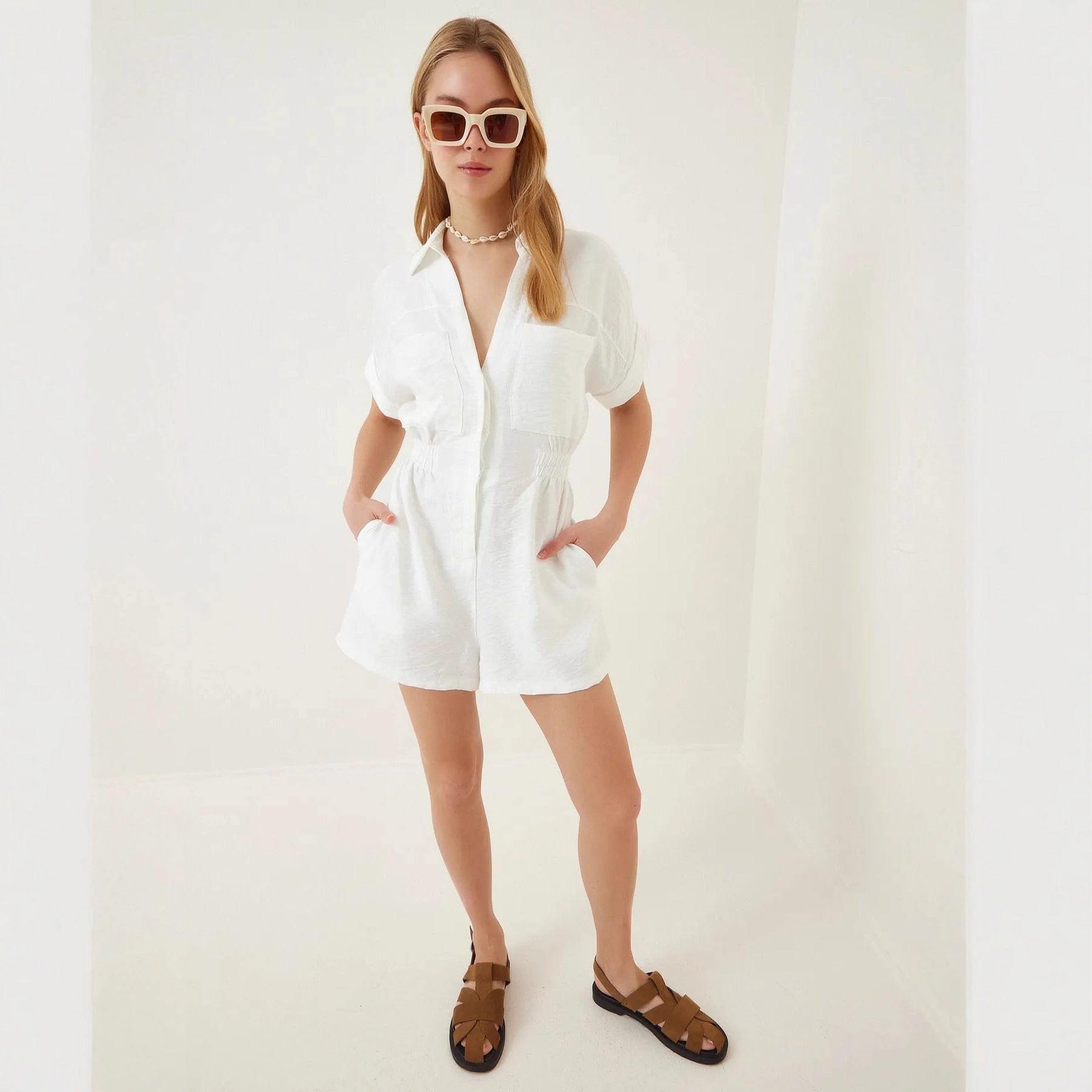 Workwear Jumpsuit Loose-fitting Figure-flattering Made Of Cotton And Linen 
