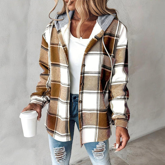 Women's Plaid Hoodie Long Sleeve Jacket Button Drawstring Casual Fall Shirts Shacket With Pocket CJ US