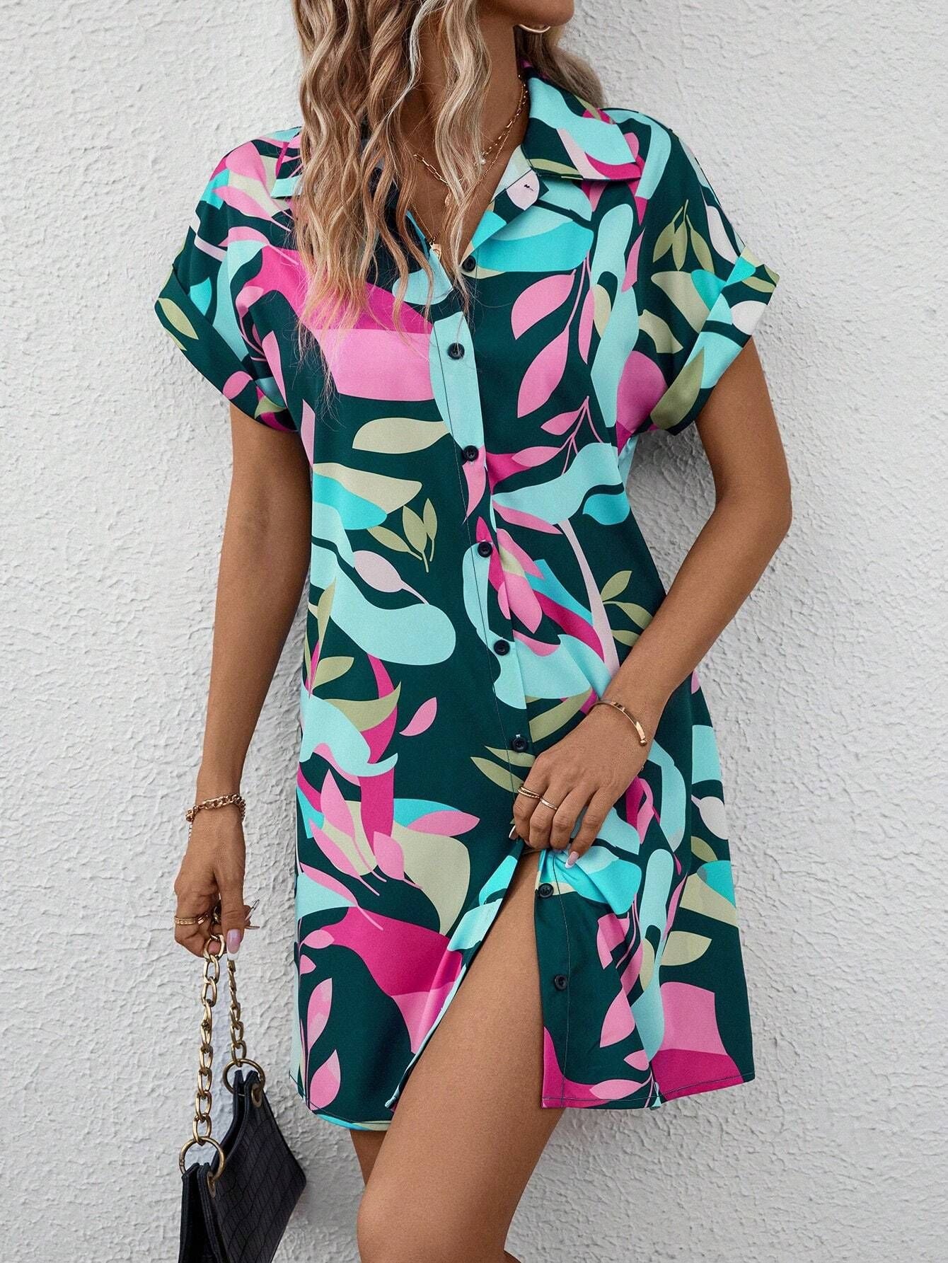 Summer New Fashion Colorful Floral Printed Open Front Short Sleeve Shirt Dress 
