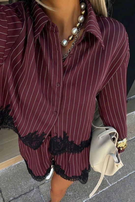 Women's striped shirt drawstring shorts set 