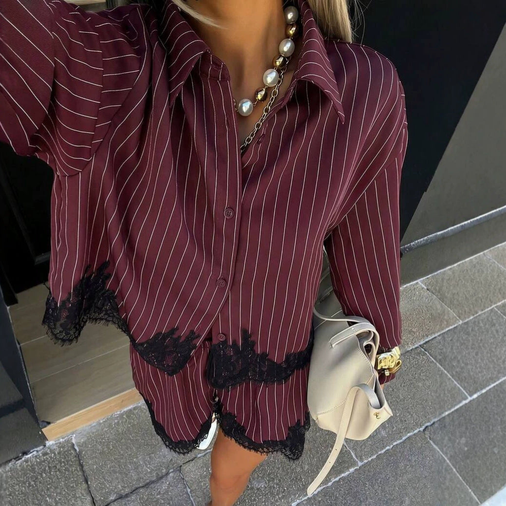 Women's striped shirt drawstring shorts set 