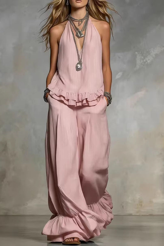 Women's Casual V-Neck Fashionable Ruffle Trim Set 
