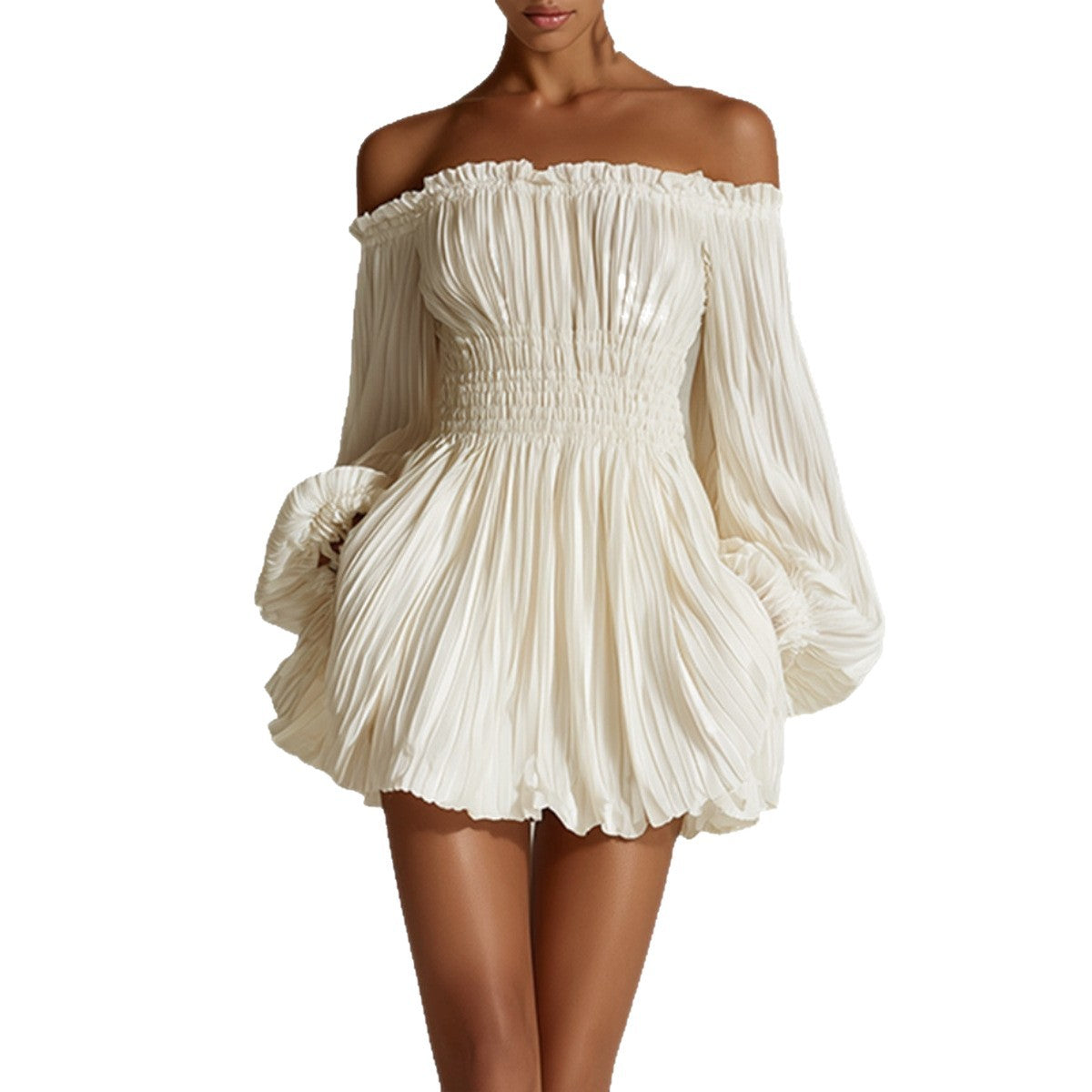 Elegant One-Shoulder Pleated Fitted Long Sleeve Dress for Women 