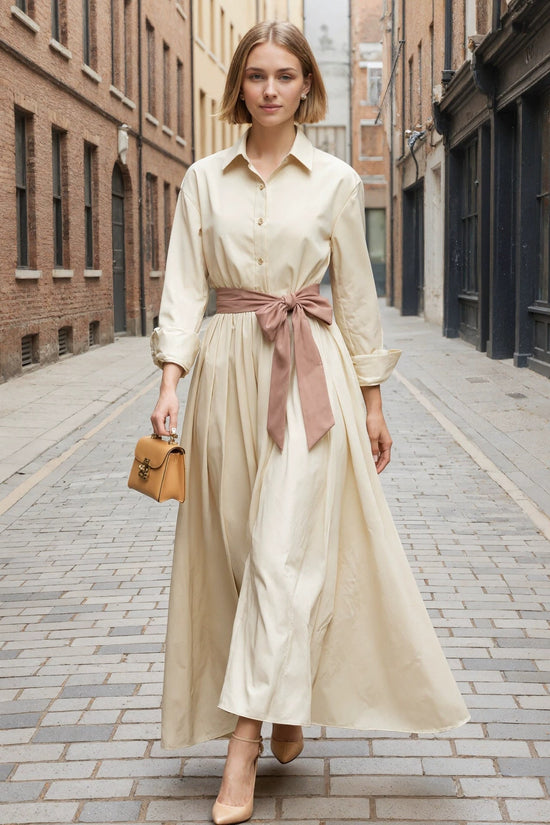 Long sleeved shirt collar solid color long skirt dress 