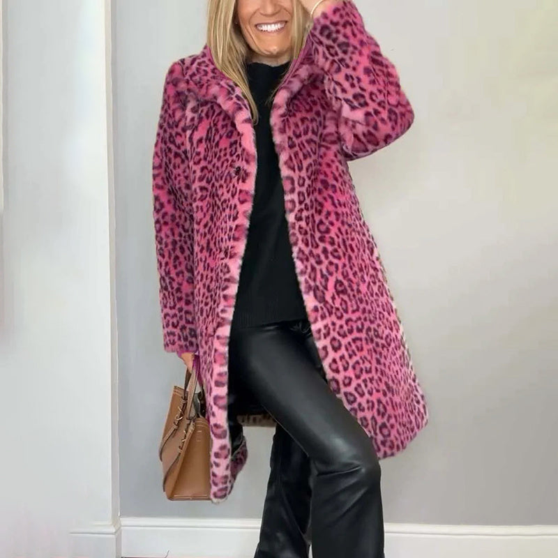 Women's Leopard Print Plush Jacket, Cozy Loose-Fit Warm Coat Elegant Medium-Length Fall Winter Outwear CJ US