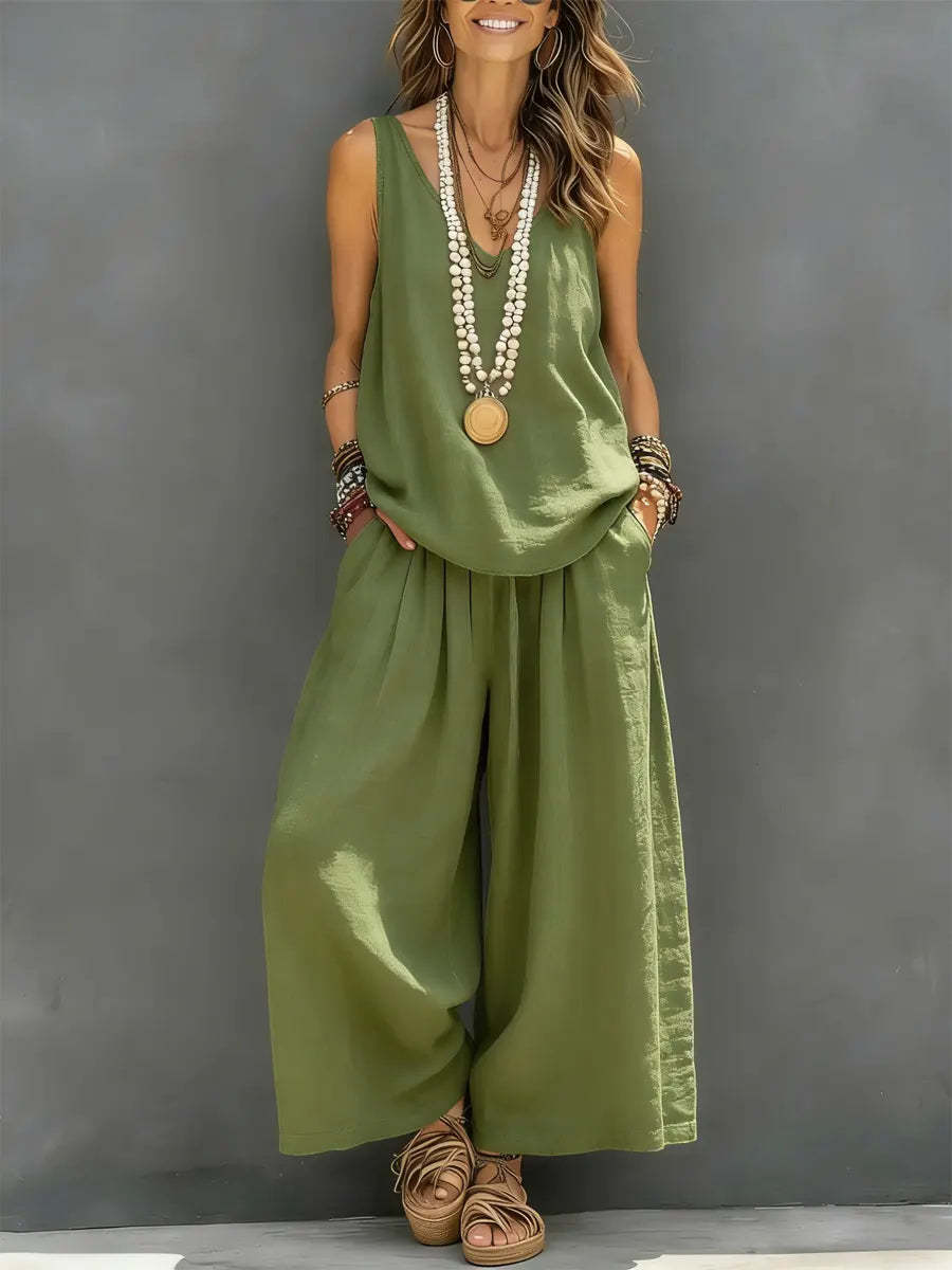 Womens Solid-Colored Casual Sleeveless Tank Top And Wide-Leg Pants Cotton-Linen Set 