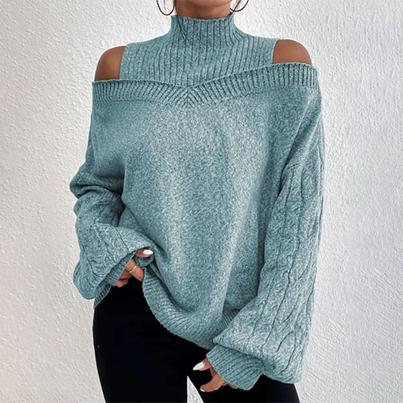 Women’s Elegant Off-Shoulder Turtleneck Sweater — Long Sleeve Knit Top 