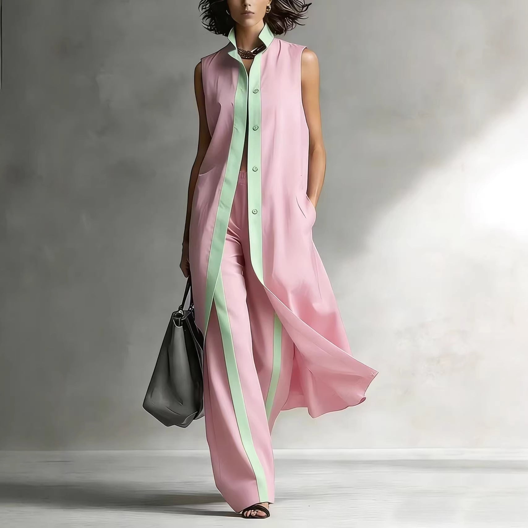 Color blocking loose vest cardigan pants set 