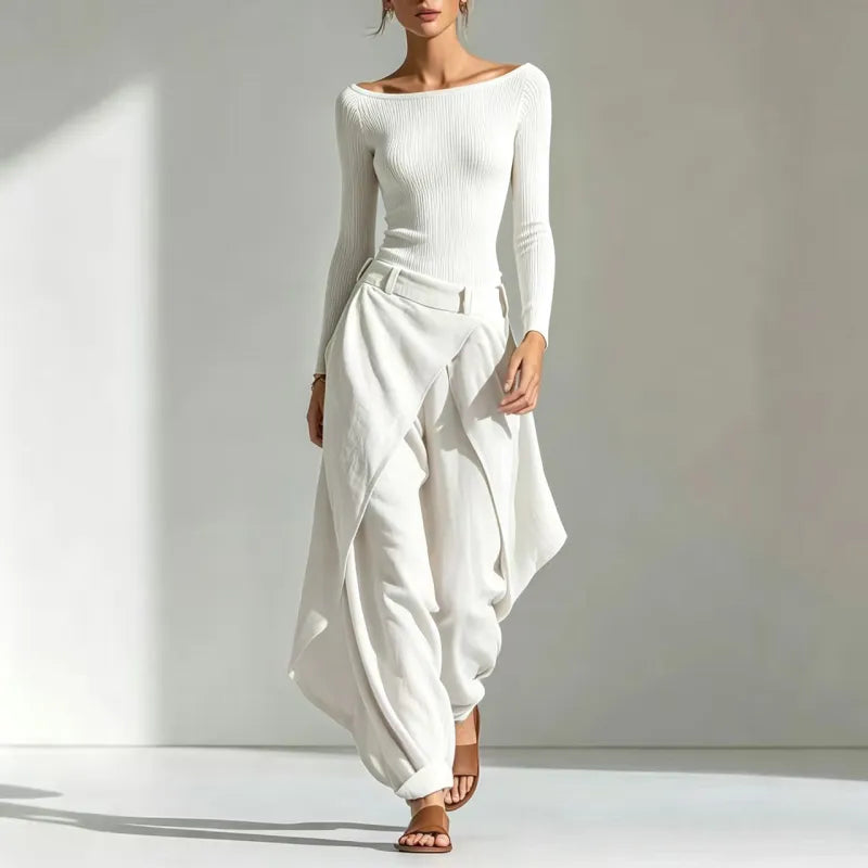 Women's Off-Shoulder Slim Top & Draped Wide Leg Pants Two-Piece Set 