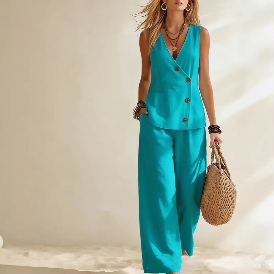 Women's Button Up Cardigan Vest Pants Set 