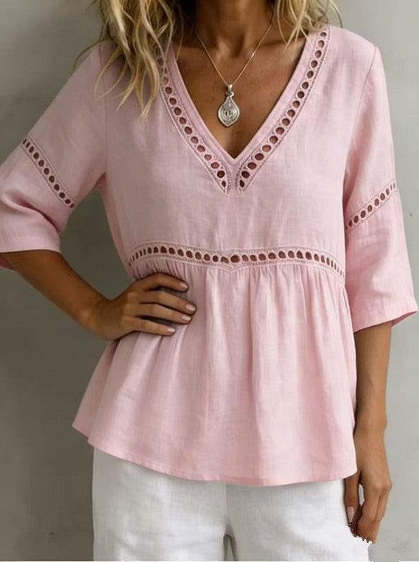 Solid-color V-neck Hollow-out Casual Fringed Top 