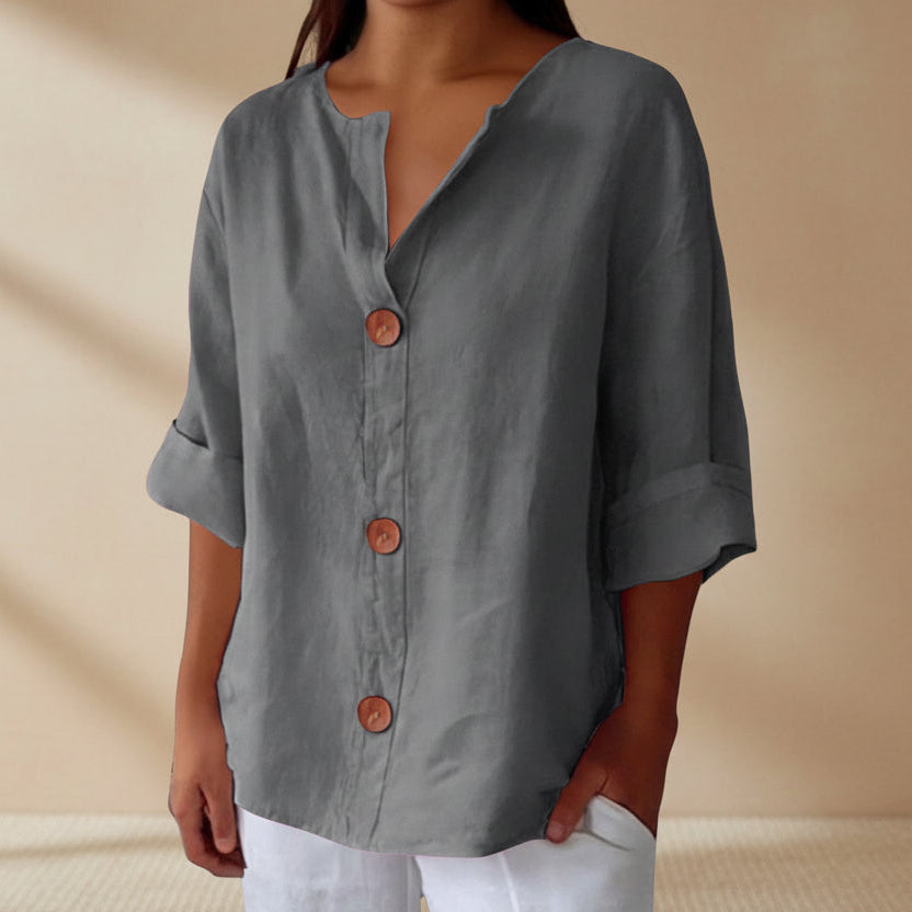 Women's V-neck cotton and linen buttoned blouse 