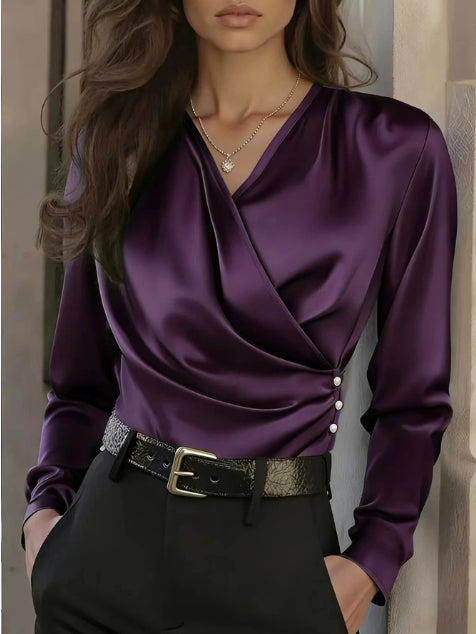 Women's Elegant Cross V-Neck Blouse, Ruffle Detail Button Accent Office Shirt 