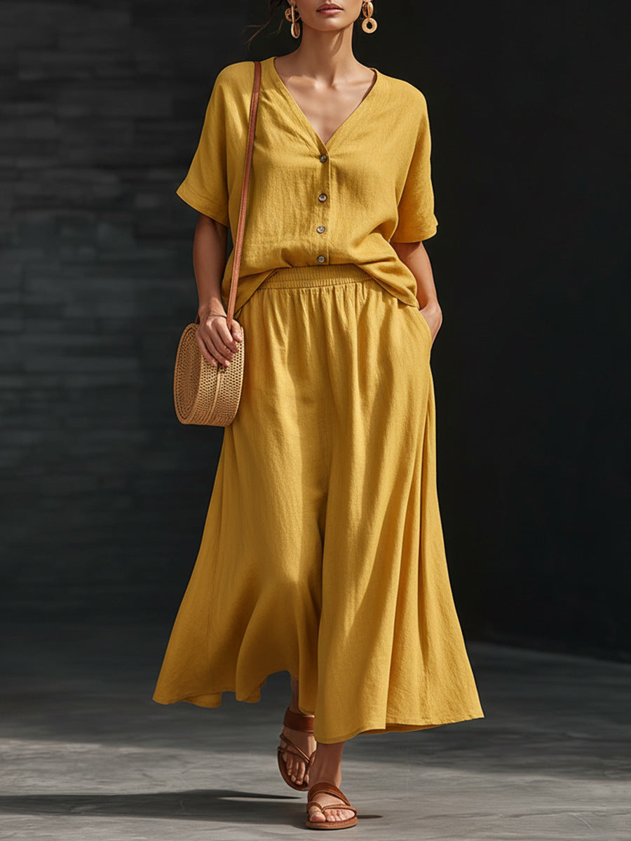 Cotton-linen V-neck Button-up Short-sleeve Top And Skirt Set 