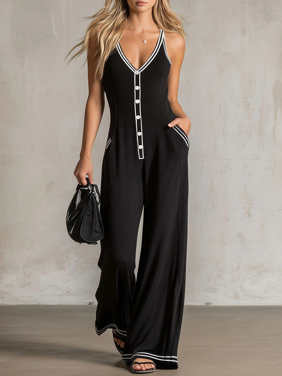 Womens V-Neck Casual Loose Backless Wide-Leg Jumpsuit 