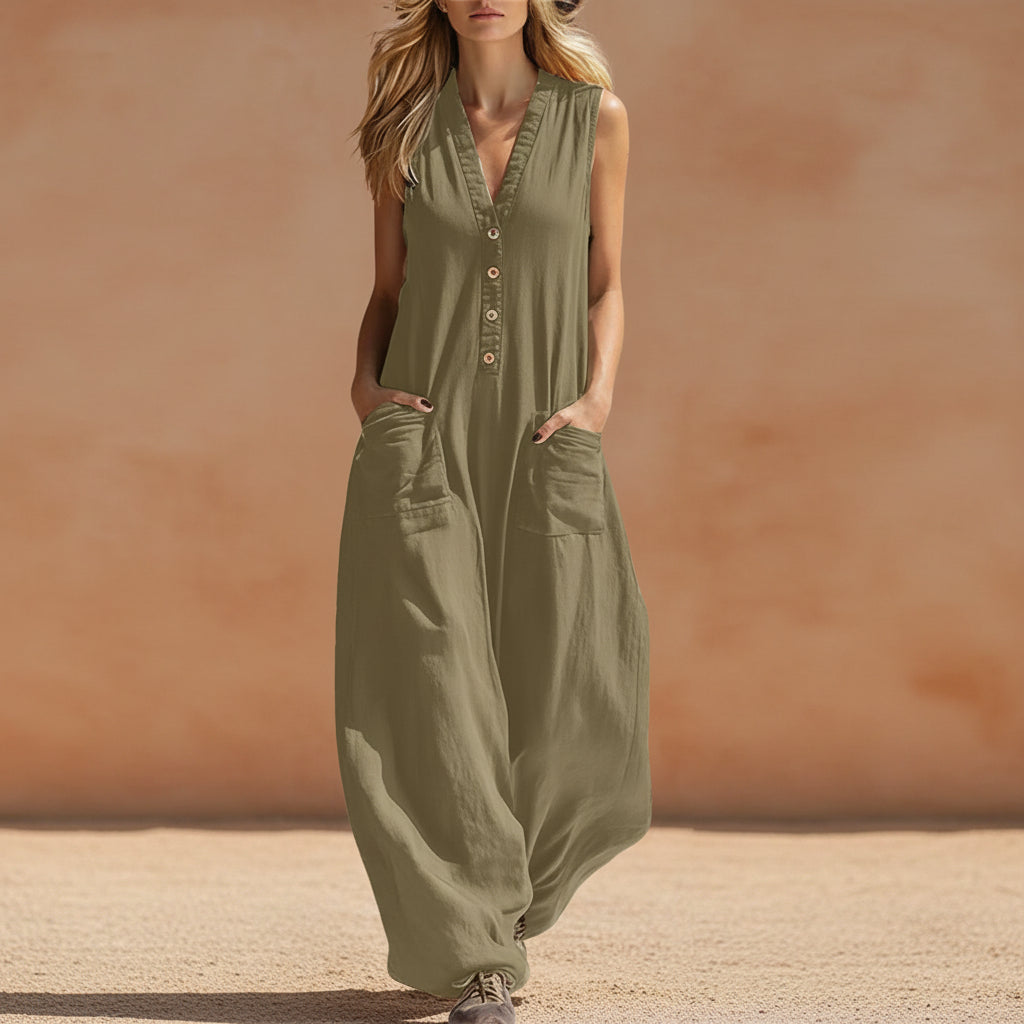 Womens Casual Linen-Cotton Sleeveless Jumpsuit With Two Pocket Straps 