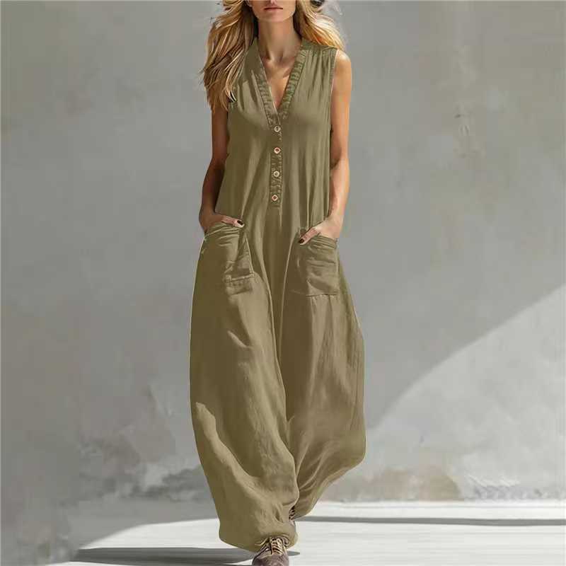 Womens Casual Linen-Cotton Sleeveless Jumpsuit With Two Pocket Straps 