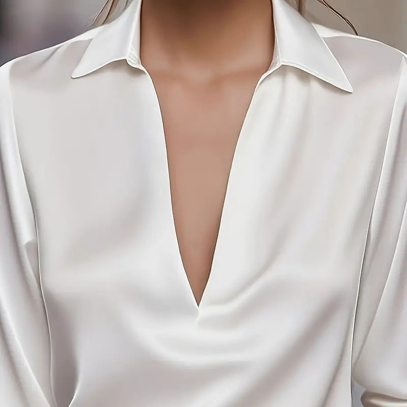 Elegant Women's V-Neck Long Sleeve Blouse With Satin Sheen Solid Color Formal Shirt For Spring Fall CJ US