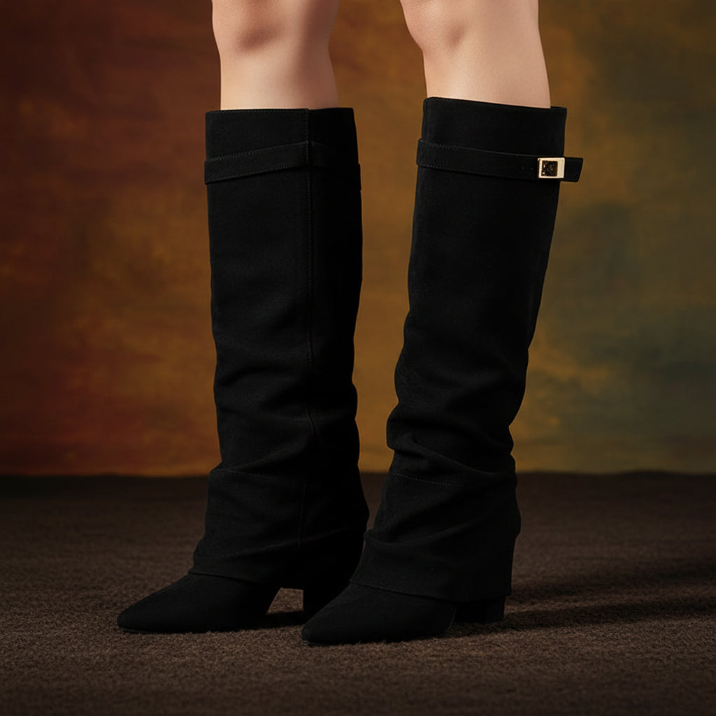 Pointed Toe Straight Tube Pleated Metal Buckle Mid-Calf Boots for Women, Chunky Heel Pipe Boots, Wide Size Available 