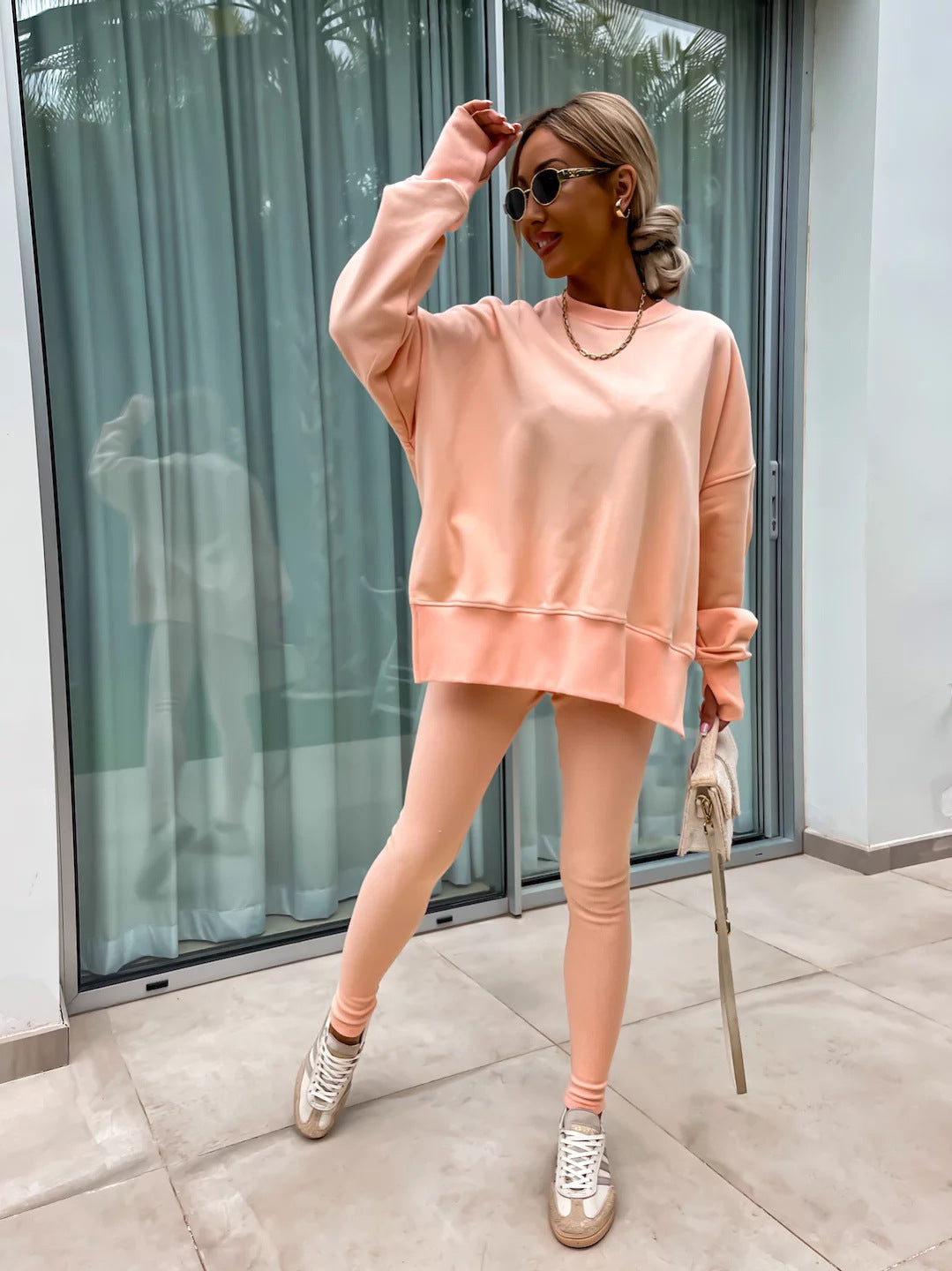 Sweater Suit Women's Casual Loose Long Sleeve Crew Neck Split Top Tight Trousers 