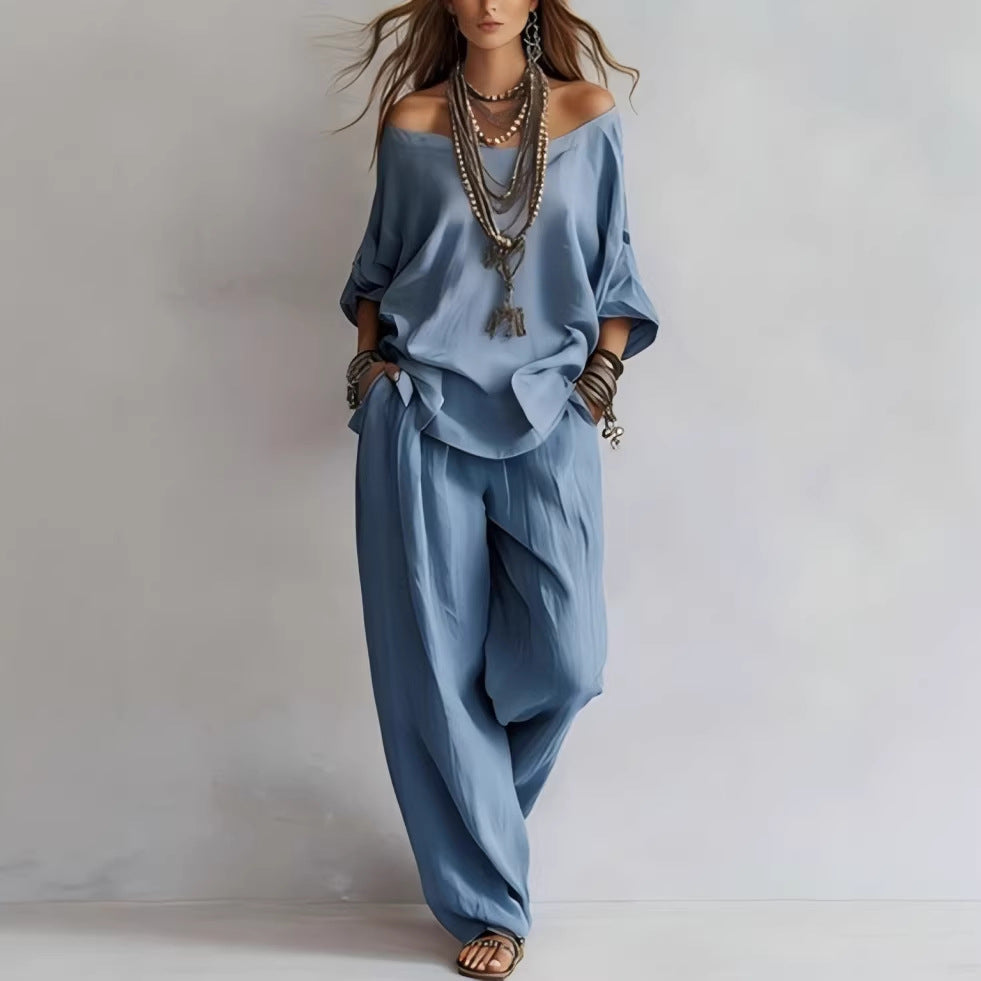 Off-Shoulder Cotton-Linen Wide-Leg Pants Set – 6 Colors, S–5XL 