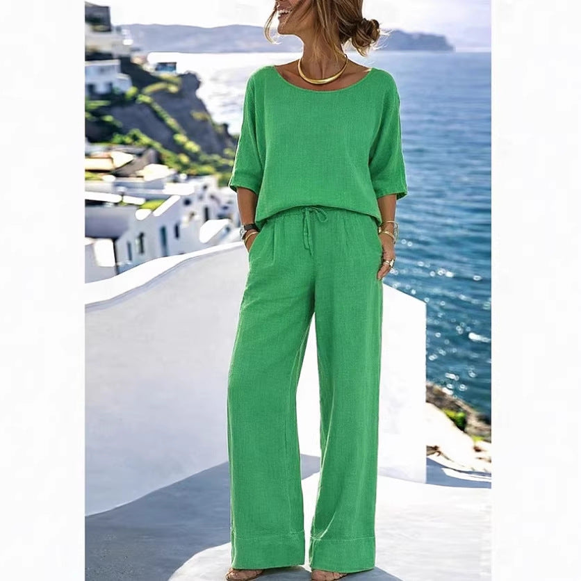 Cotton-Linen Minimalist Elegant Resort Short-Sleeve Pants Set 