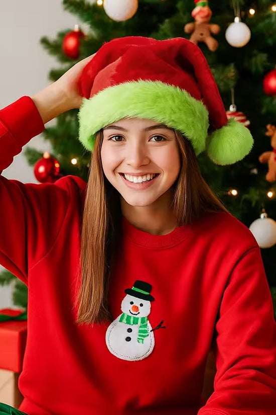 Fluorescent Green Decorative Red Suede Double Layer Christmas Hat CJ