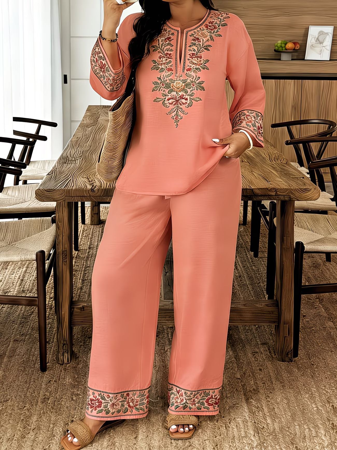 Long-sleeve Lace Floral Long-sleeve Ethnic-style Middle Eastern Set 