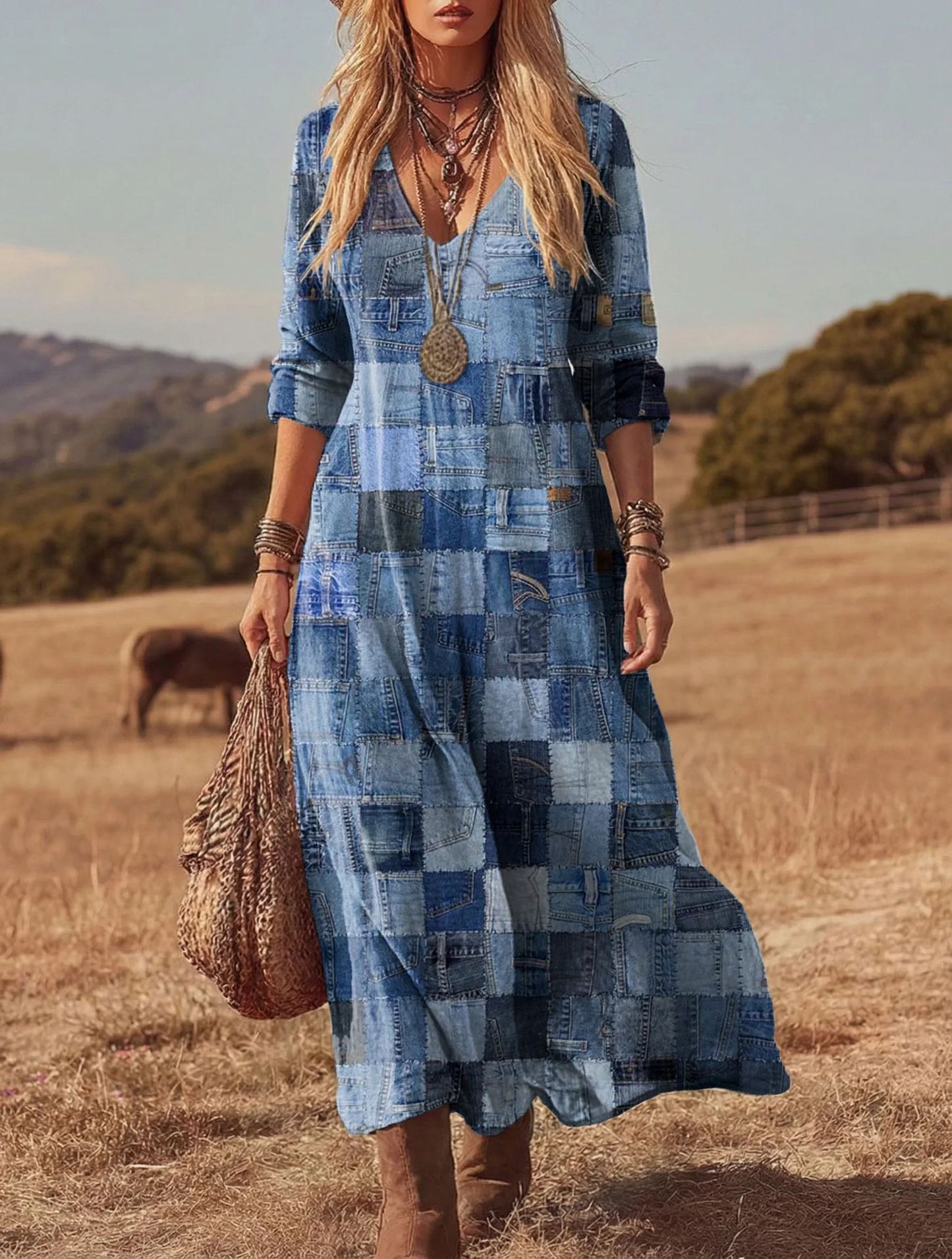 Personalized Retro Chic V-Neck Long-Sleeve Dress 