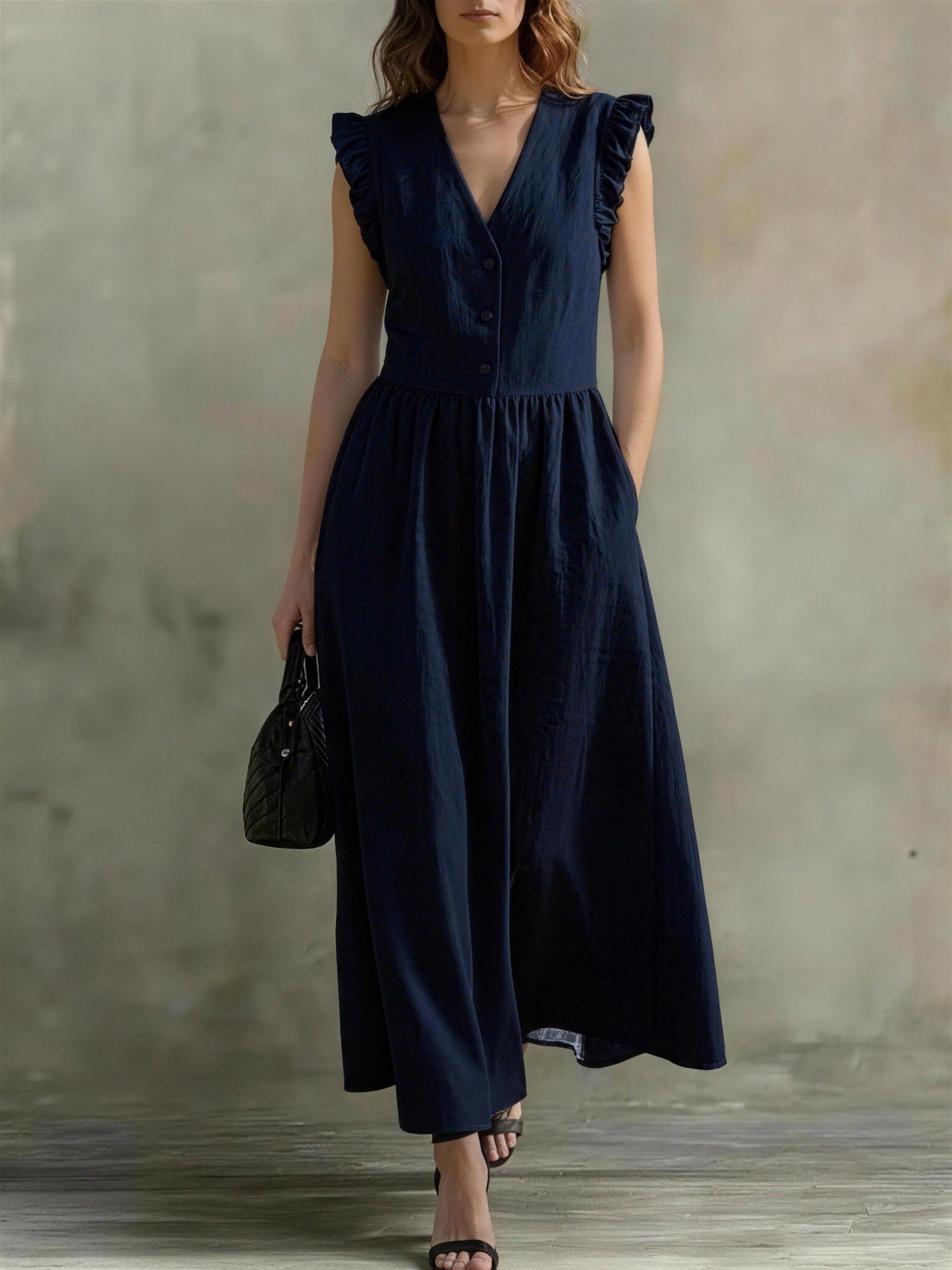 Casual Fashionable Elegant V-Neck Dress With Pockets 