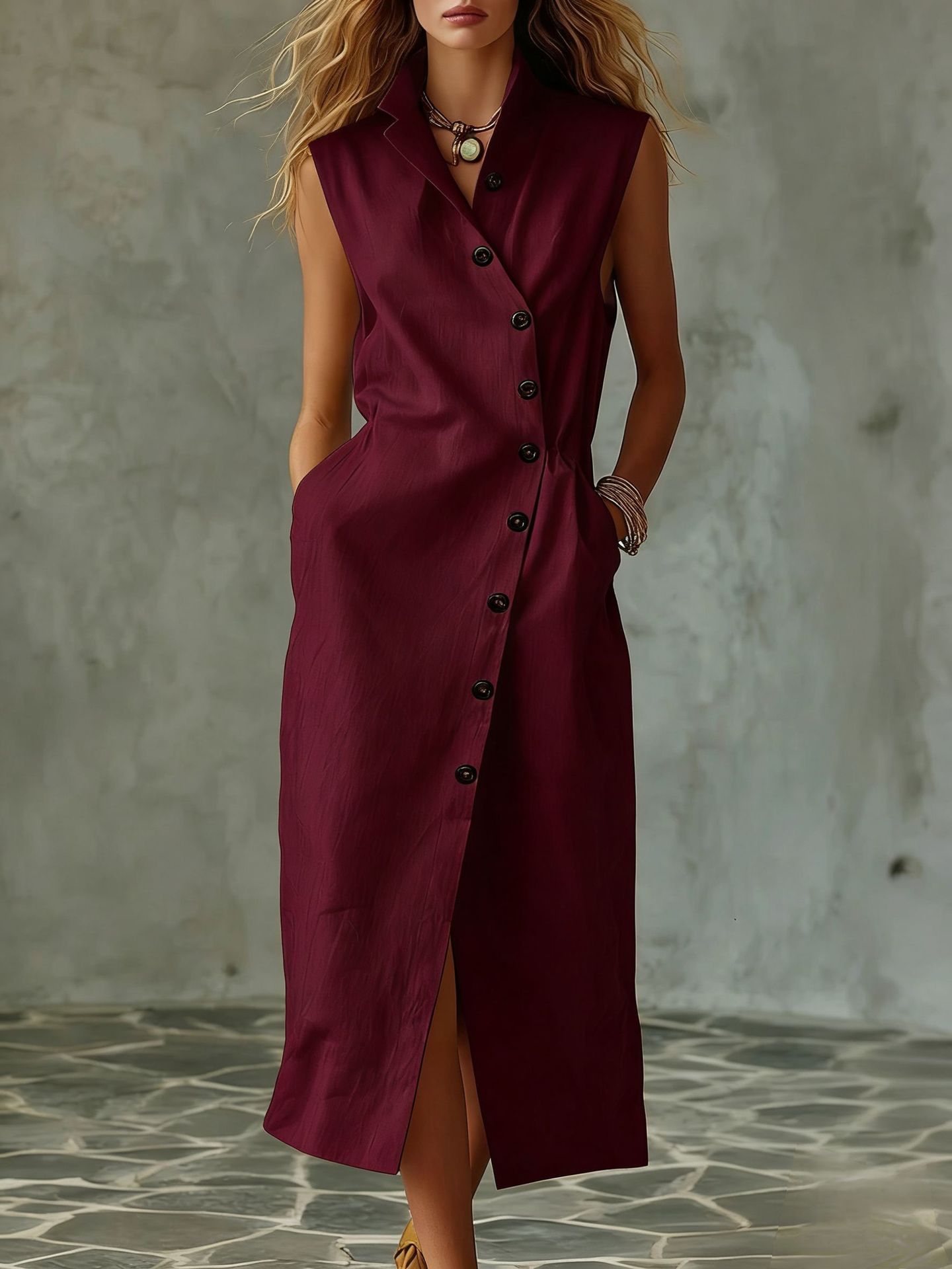 Slim-fit Elegant Single-breasted Dress With A Stand-up Collar For Women 